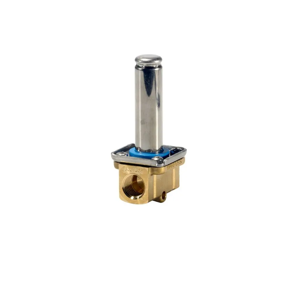 Magnetventil mit metallischem Körper und Anschlussstück. Der obere Teil ist verchromt, unten ist ein FKM-Dichtungsring sichtbar. Hersteller: Danfoss.